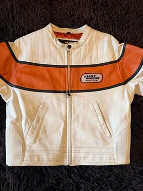 Harley-Davidson White and Orange Leather Riding Jacket long sleeve .